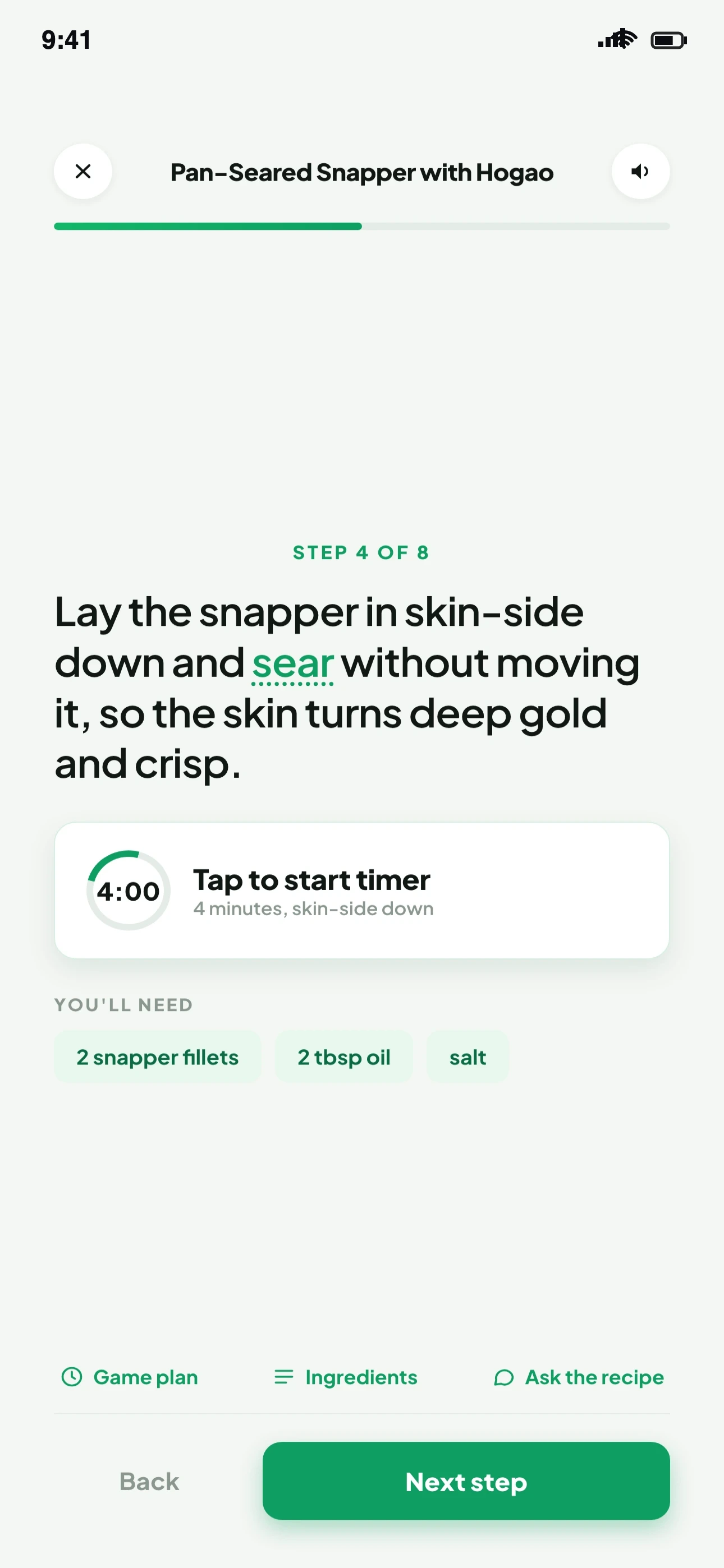 Supper Bear Cook Mode showing a step with a tap-to-start timer on iPhone