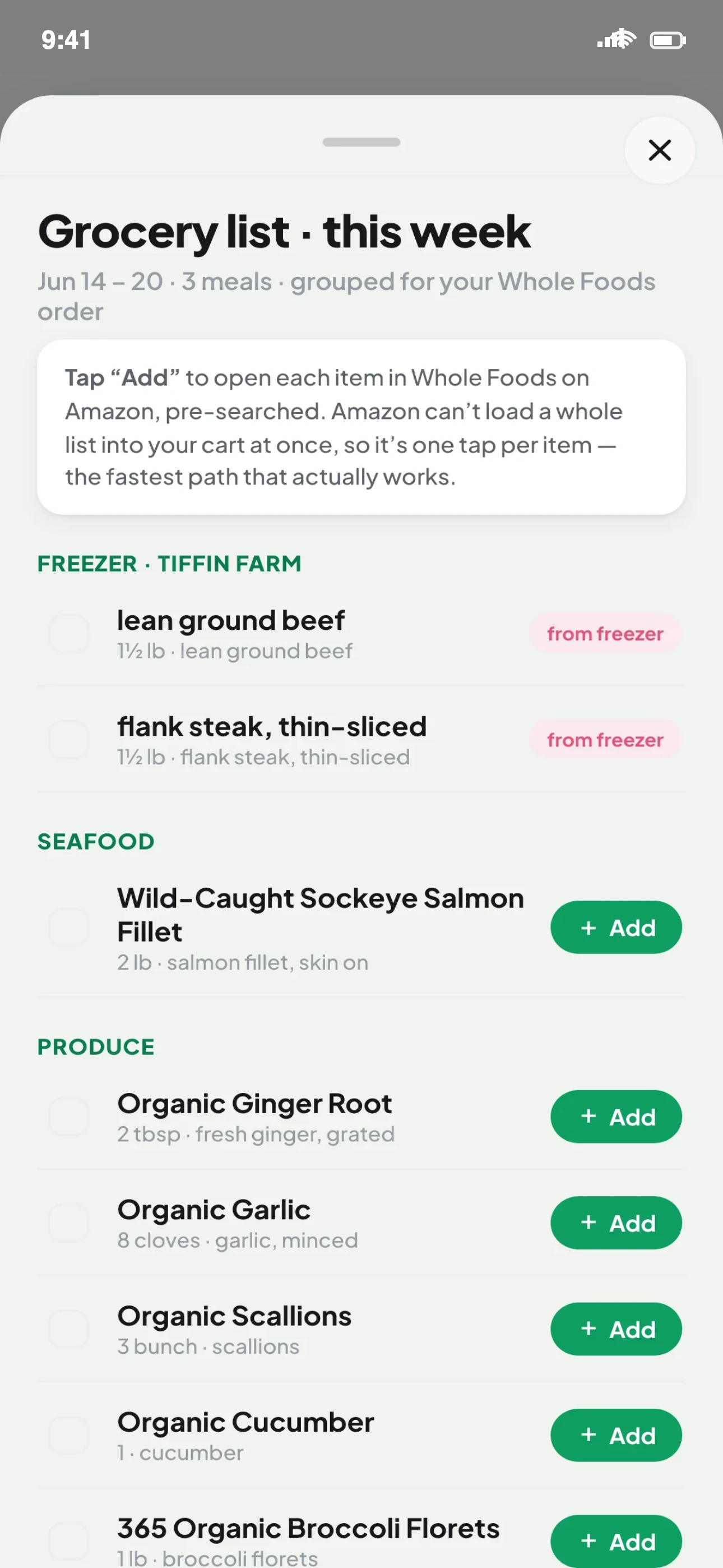 Supper Bear one-tap grocery list, sorted by aisle