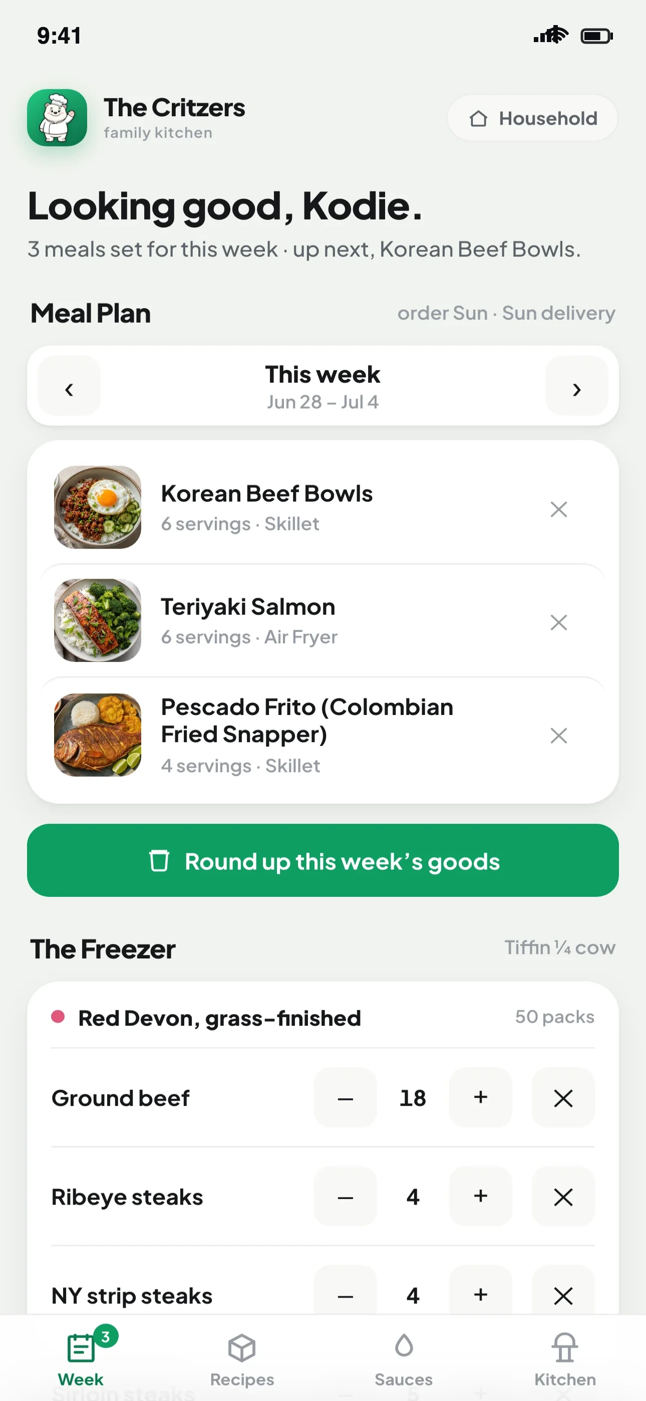Supper Bear weekly family dinner plan on iPhone, shared with the whole household